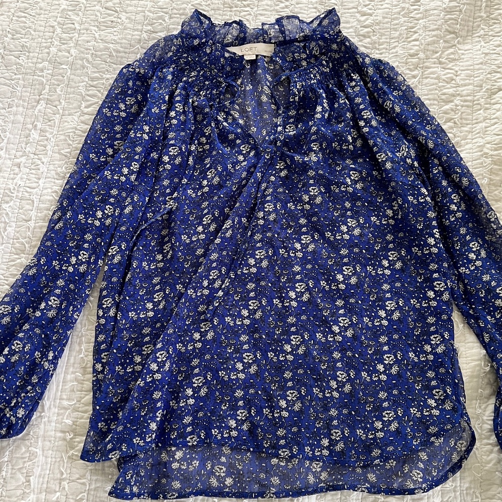 Loft Blue Sheer Tie neck shirt
